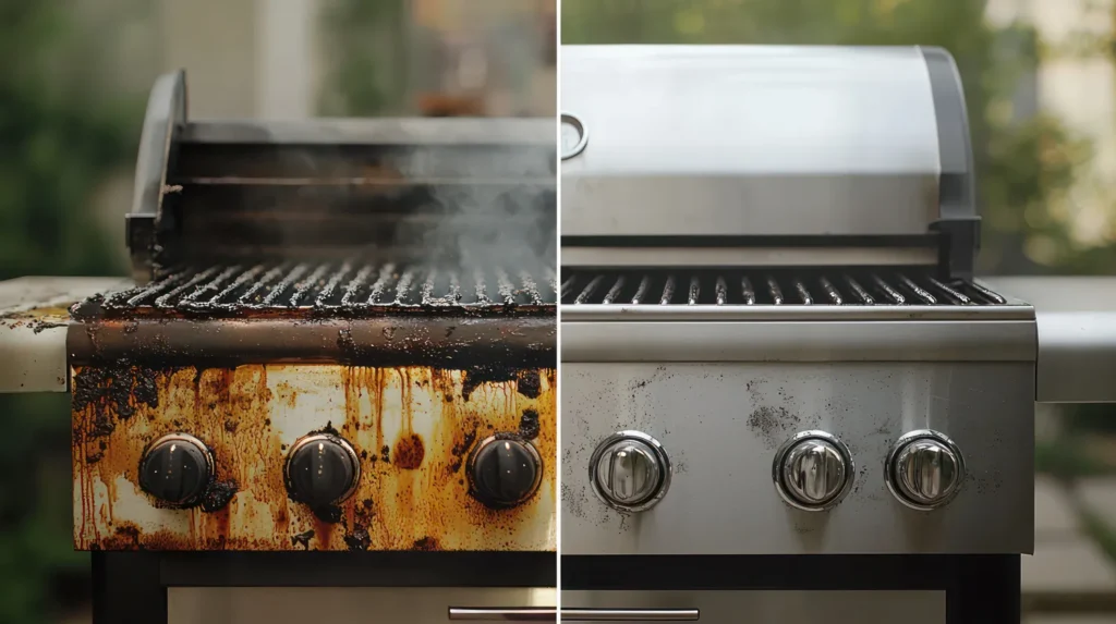 Vorher-Nachher-Vergleich eines Gasgrills: Links zeigt der Grill starke Verschmutzungen mit Rost, Fettspritzern und verkrusteten Grillrosten, rechts erstrahlt derselbe Grill nach der Reinigung in neuwertigem Glanz mit sauberen Edelstahloberflächen und makellosen Rosten. Die dramatische Transformation verdeutlicht die Wirksamkeit professioneller Grillreinigung mit geeigneten Reinigungsprodukten.