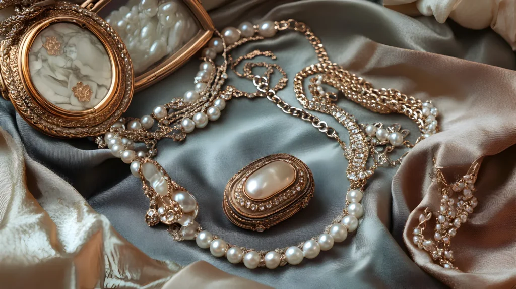 Alt-Text für SEO: Vintage Schmuckkollektion mit Perlen und Gold - richtige Schmuckpflege für empfindliche Materialien