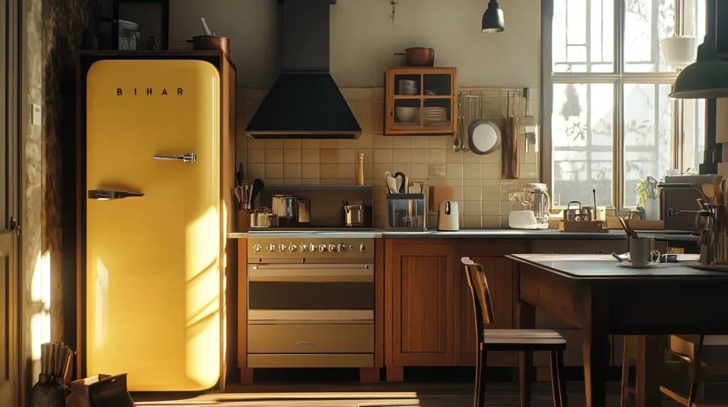Eine warme, herbstliche Küche im Vintage-Stil mit einem markanten gelben Retro-Kühlschrank, warmen Holzelementen und gemütlichem Sonnenlicht, das durch große Fenster fällt. Die Küche strahlt genau die herbstliche Gemütlichkeit aus, für die vidofix dir mehr Zeit verschaffen möchte – perfekt sauber und einladend für entspannte Kochmomente.