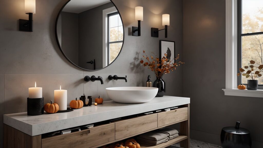 Modernes Badezimmer mit rundem Spiegel, weißem Waschbecken und herbstlicher Dekoration mit Kürbissen und Kerzen auf Marmorwaschtisch.