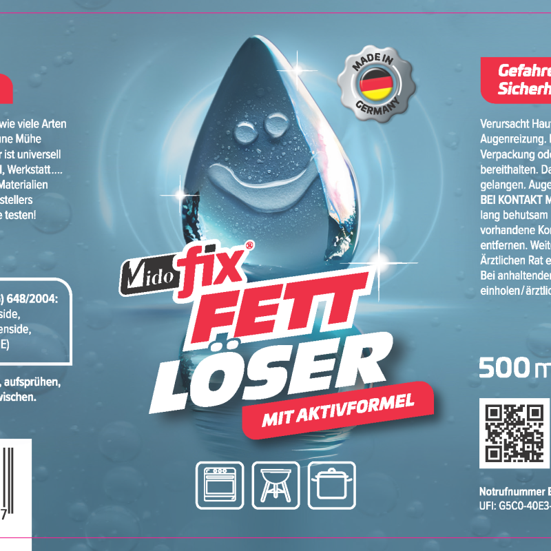 Vidofix Fettlöser mit Aktivformel 500ml Sprühflasche für Küche - Kraftreiniger gegen hartnäckige Fettverschmutzungen auf Küchenoberflächen, Dunstabzugshauben und Herden - Made in Germany mit Warnhinweisen