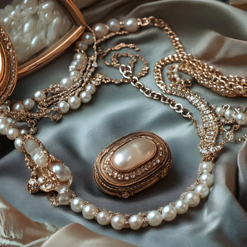 Alt-Text für SEO: Vintage Schmuckkollektion mit Perlen und Gold - richtige Schmuckpflege für empfindliche Materialien