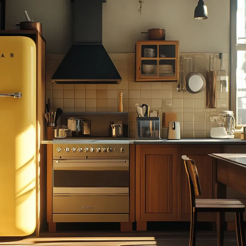Eine warme, herbstliche Küche im Vintage-Stil mit einem markanten gelben Retro-Kühlschrank, warmen Holzelementen und gemütlichem Sonnenlicht, das durch große Fenster fällt. Die Küche strahlt genau die herbstliche Gemütlichkeit aus, für die vidofix dir mehr Zeit verschaffen möchte – perfekt sauber und einladend für entspannte Kochmomente.