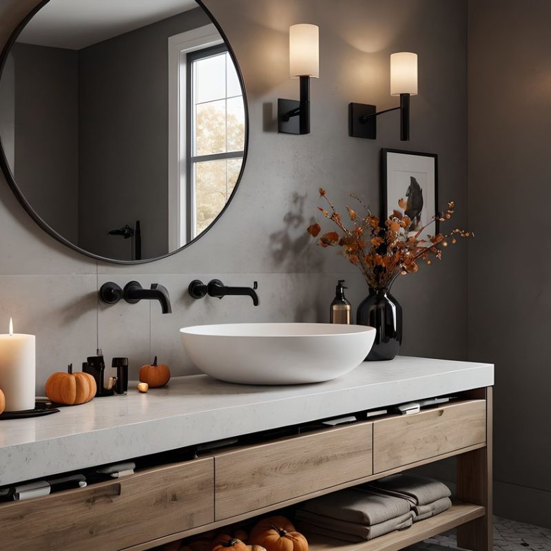 Modernes Badezimmer mit rundem Spiegel, weißem Waschbecken und herbstlicher Dekoration mit Kürbissen und Kerzen auf Marmorwaschtisch.